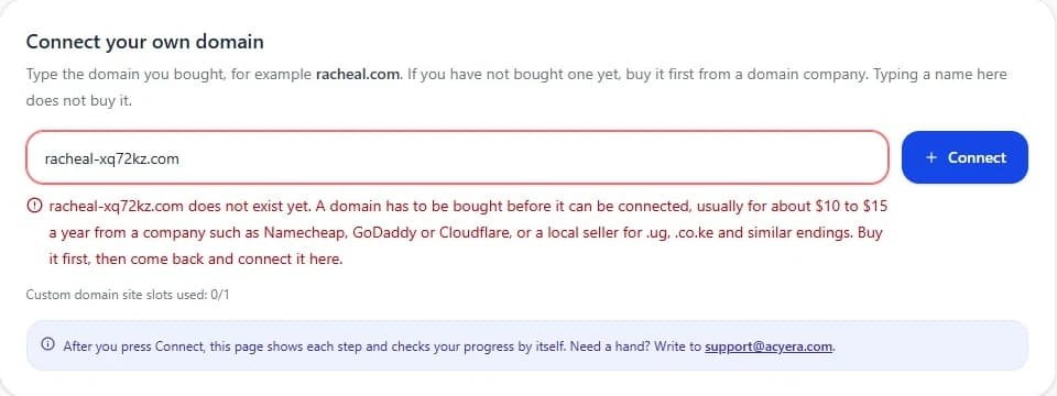 The Acyera Domain page saying that a typed domain does not exist yet and has to be bought first