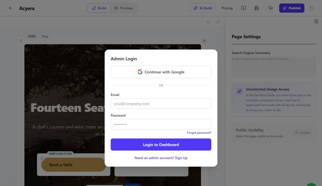 The sign in window that opens when publishing from the Acyera editor, with Continue with Google and email options