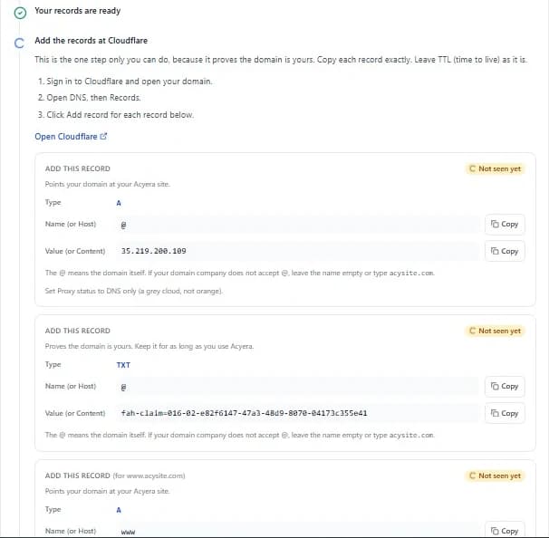 The Acyera Domain page listing the records to add at Cloudflare, each with its type, name, value and Copy buttons, and the clicks for Cloudflare