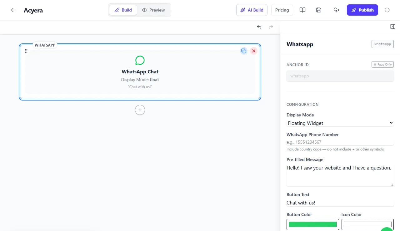 The WhatsApp block settings in the Acyera editor: display mode, WhatsApp phone number, pre-filled message, button text and colours