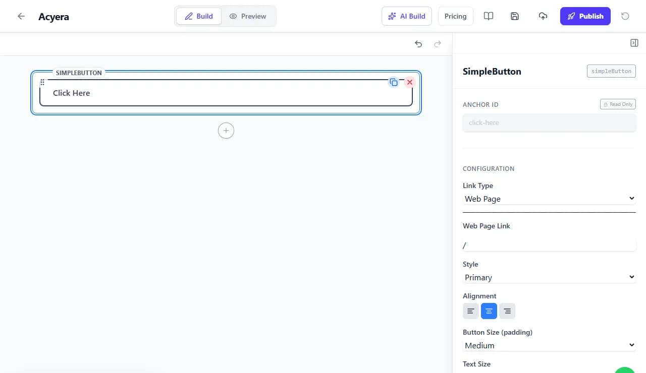 The button settings in the Acyera editor with Link Type set to Web Page and a Web Page Link field