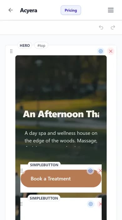 The Acyera editor on a phone, showing a salon template with a gear icon on each block