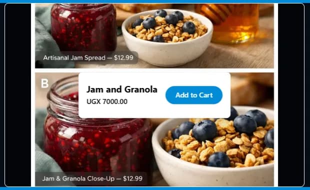 A product photo on an Acyera page with an overlay showing the product name, a price in Uganda shillings and an Add to Cart button