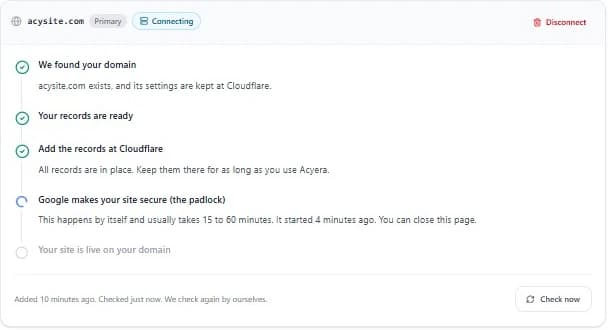 The Acyera Domain page showing every step done except the padlock, which is in progress