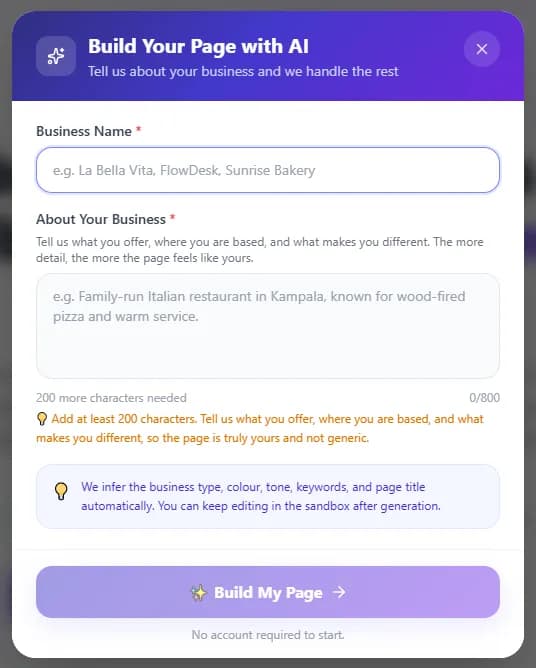 The Build Your Page with AI form on acyera.com, asking for a business name and at least 200 characters about the business